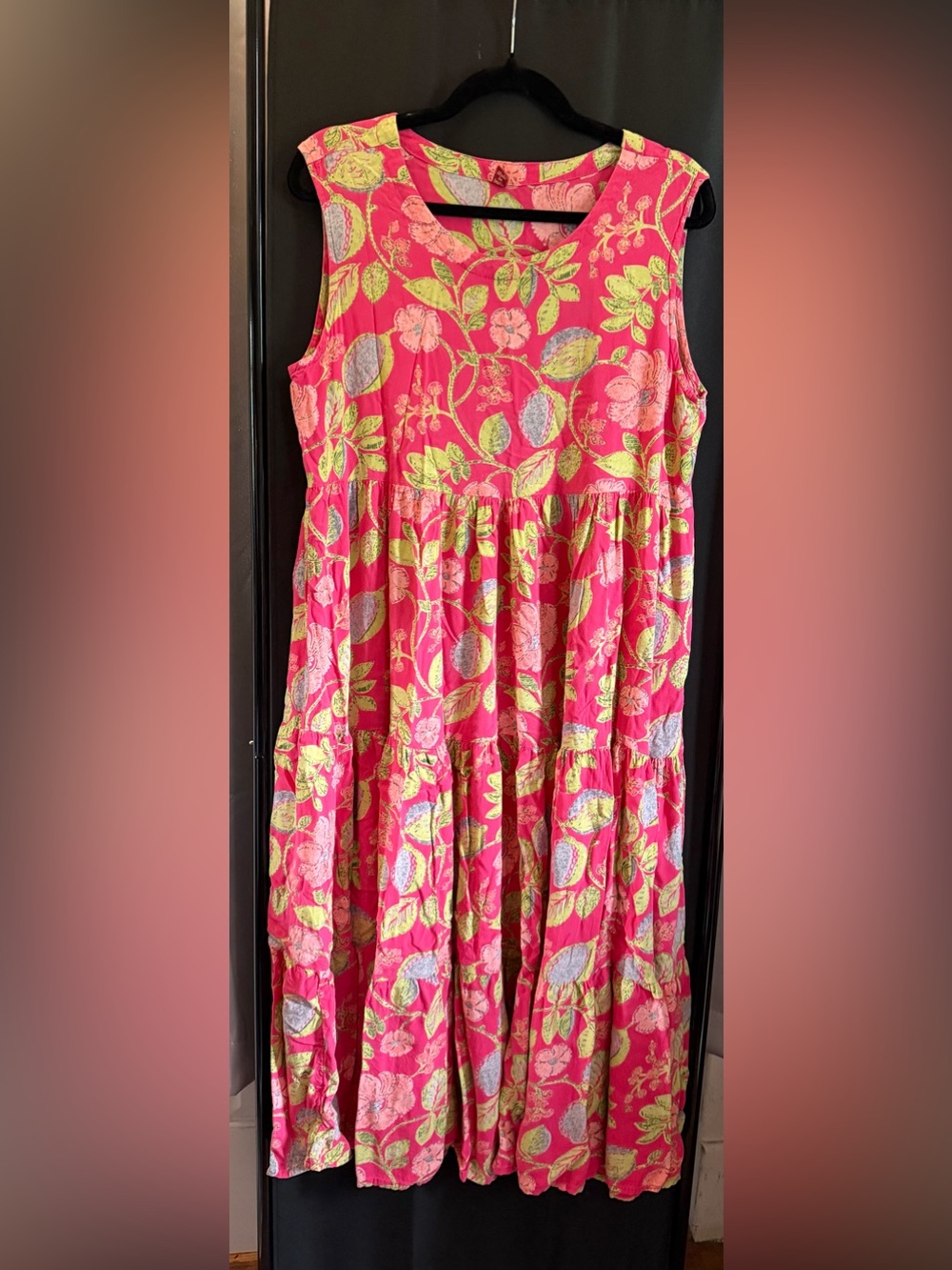 Source Unknown Bright Pink Floral Tiered Maxi Dress with Lime Accents